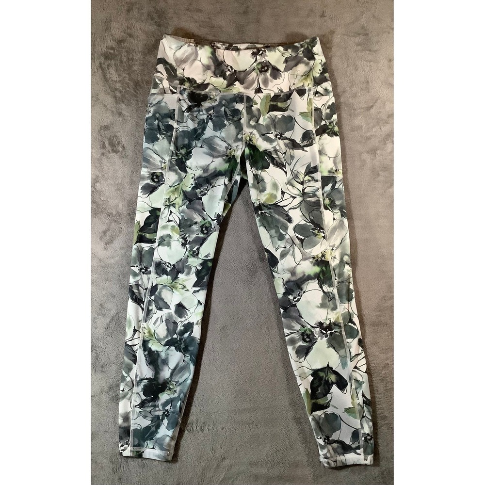 RBX Active Floral High Waist Leggings Side Pockets Green Gray Women XL
